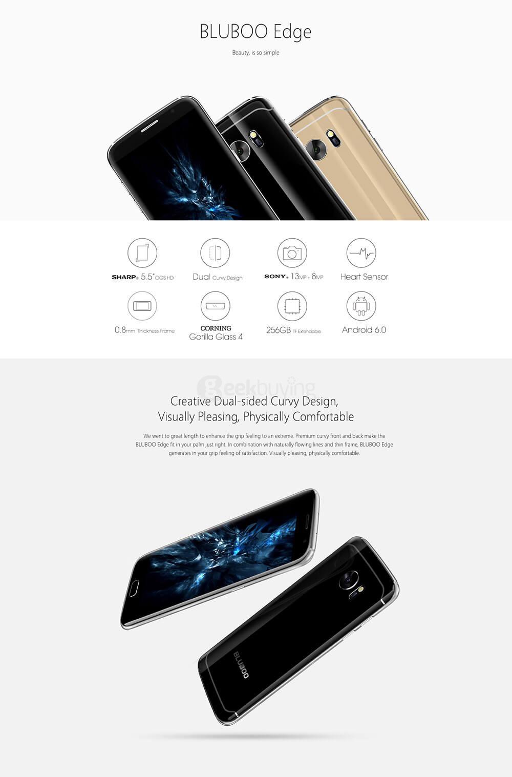 [HK Stock]Bluboo Edge 5.5inch HD Android 6.0 4G LTE Smartphone MT6737 Quad Core 1.3GHz 2GB RAM 16GB ROM 13.0MP Touch ID Heart Sensor - Black