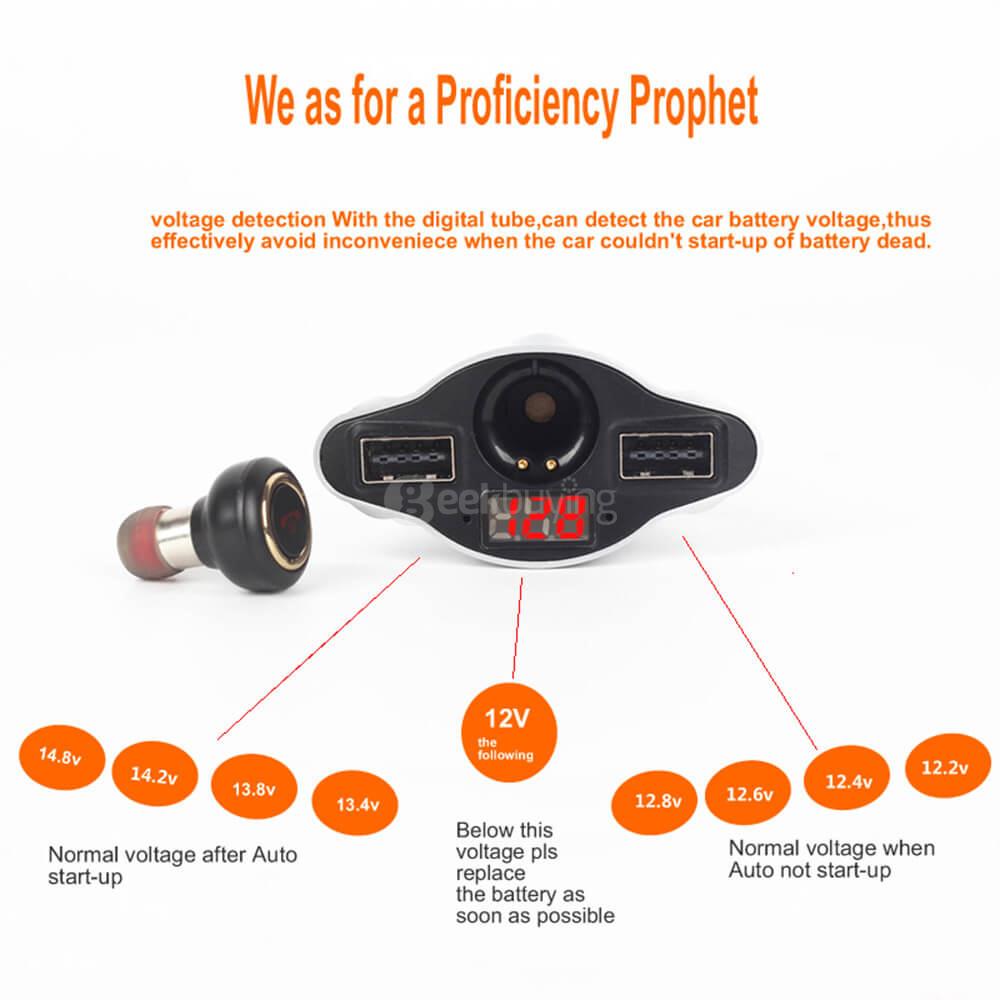 REXSO R20 Intelligent Car Charger Dual USB Ports With Bluetooth 4.1 Earphone Saft Hammer - Silver White