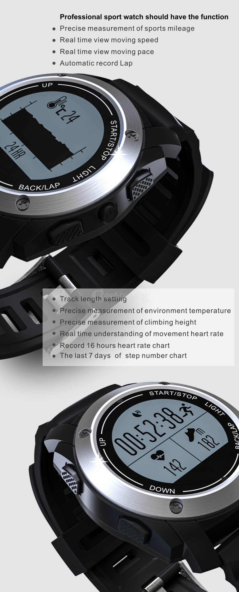 Makibes G01 Smart Sport Watch Heart Rate Monitor Pressure/Temperature/Height Measurement Outdoor GPS Training Mode Activity Tracker - Black