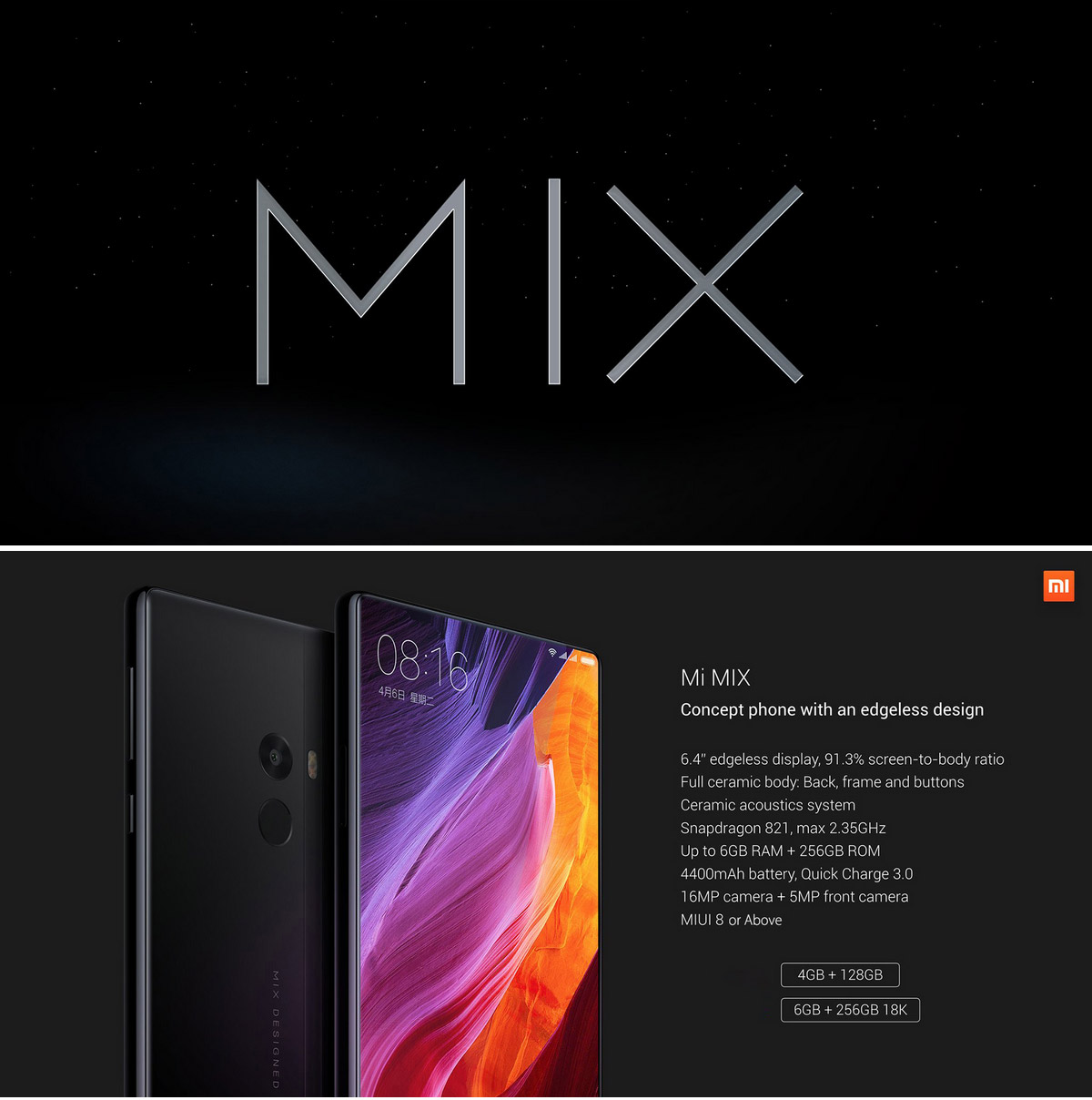 [Stock Sale]Xiaomi Mi MIX Pro 6.4inch 2040*1080 FHD Full Screen Android 6.0 OS 4G+ LTE Smartphone Qualcomm Snapdragon 821 6GB 256GB 16.0MP NFC Touch ID Full Ceramic Body - Black Gold