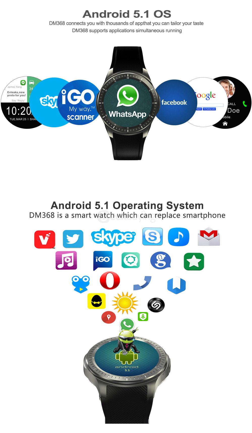 Makibes DM368 Bluetooth 4.0 3G Smart Watch Phone Android 5.1 MTK6580 Quad Core 1.3GHz 512MB/8GB WiFi GPS Heart Rate Monitor - Black