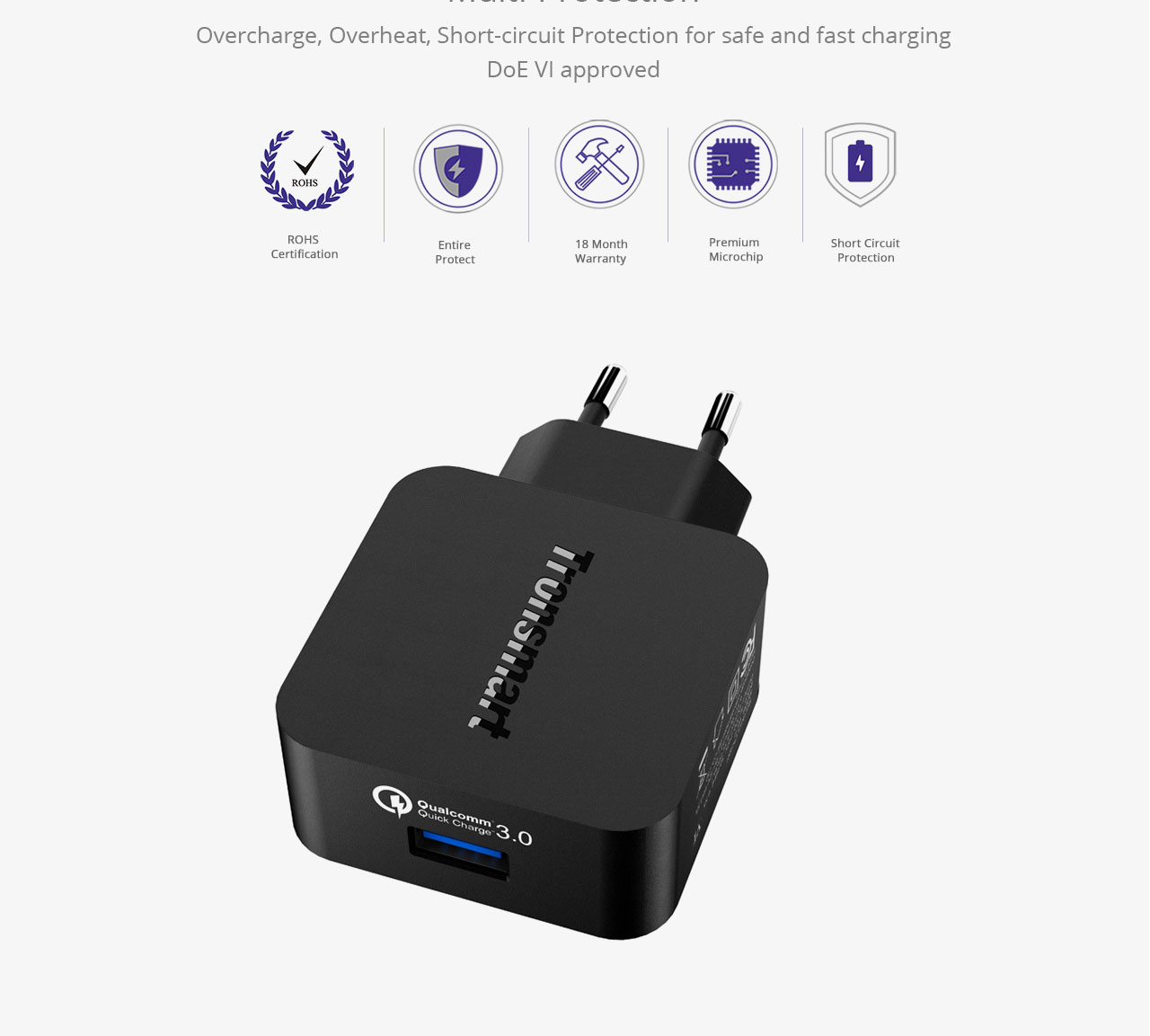 Tronsmart Quick Charge 3.0 USB Rapid Wall Charger Stand-up Fast Wall Charger with 1.8M Micro USB Cable - EU Plug