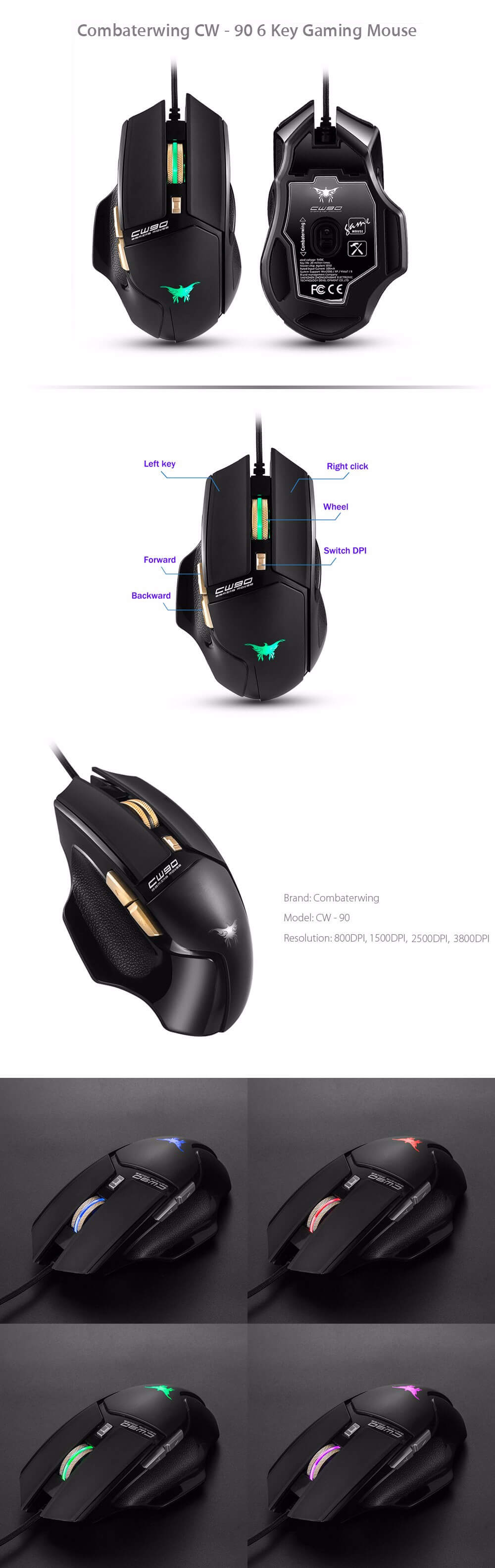 Combaterwing CW-90 6 Keys Gaming Mouse 3800DPI with Optical Sensor Ergonomic Design - Black
