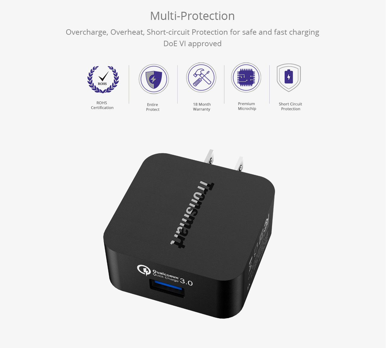Tronsmart Quick Charge 3.0 USB Rapid Wall Charger Stand-up Fast Wall Charger with 1.8M USB Type-C Cable - US Plug