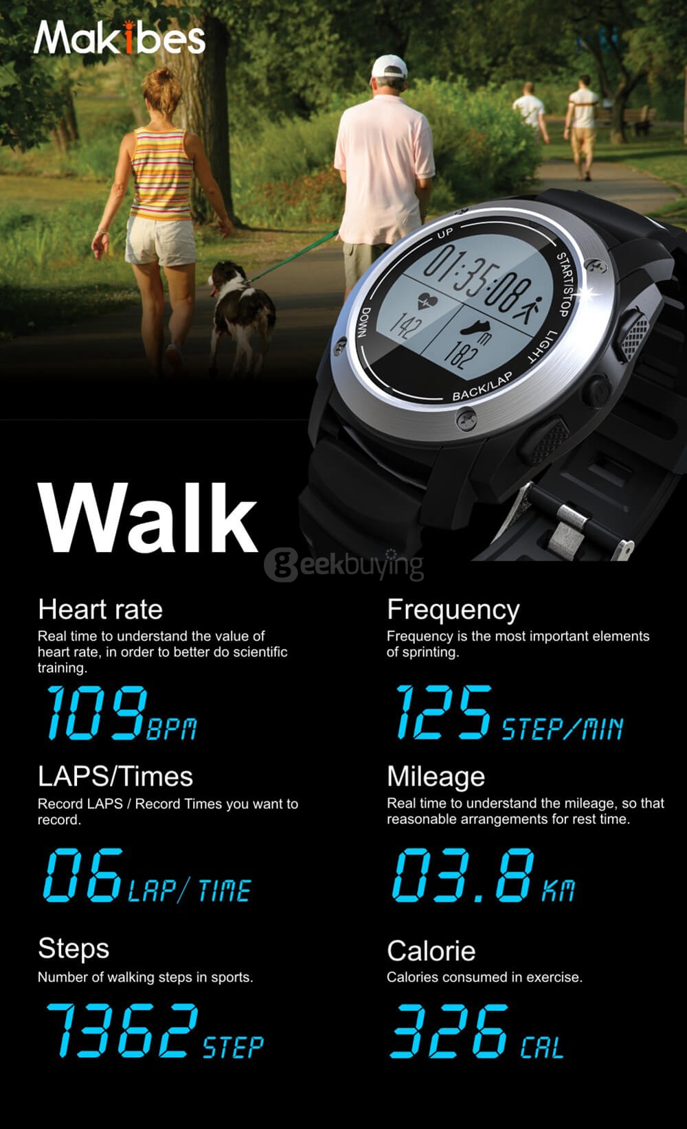 Makibes G01 Smart Sport Watch Heart Rate Monitor Pressure/Temperature/Height Measurement Outdoor GPS Training Mode Activity Tracker - Black/Orange