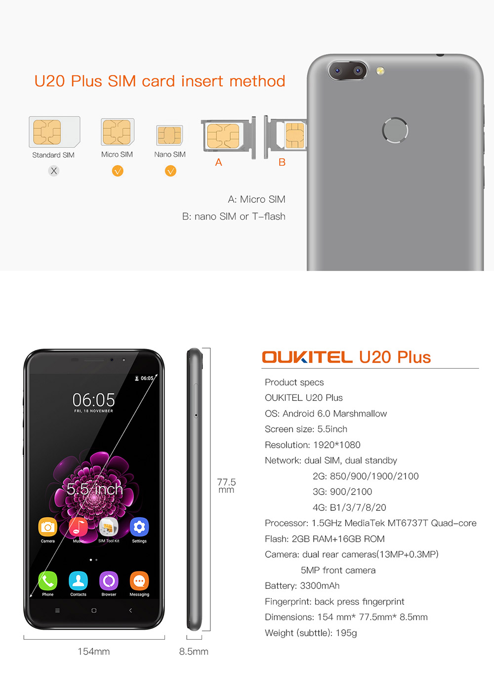 [HK Stock]Oukitel U20 Plus 5.5inch FHD Android 6.0 4G LTE Smartphone MT6737T Quad Core 1.5GHz 2GB RAM 16GB ROM Dual Rear Cameras 13.0MP+0.3MP TOUCH ID - GRAY
