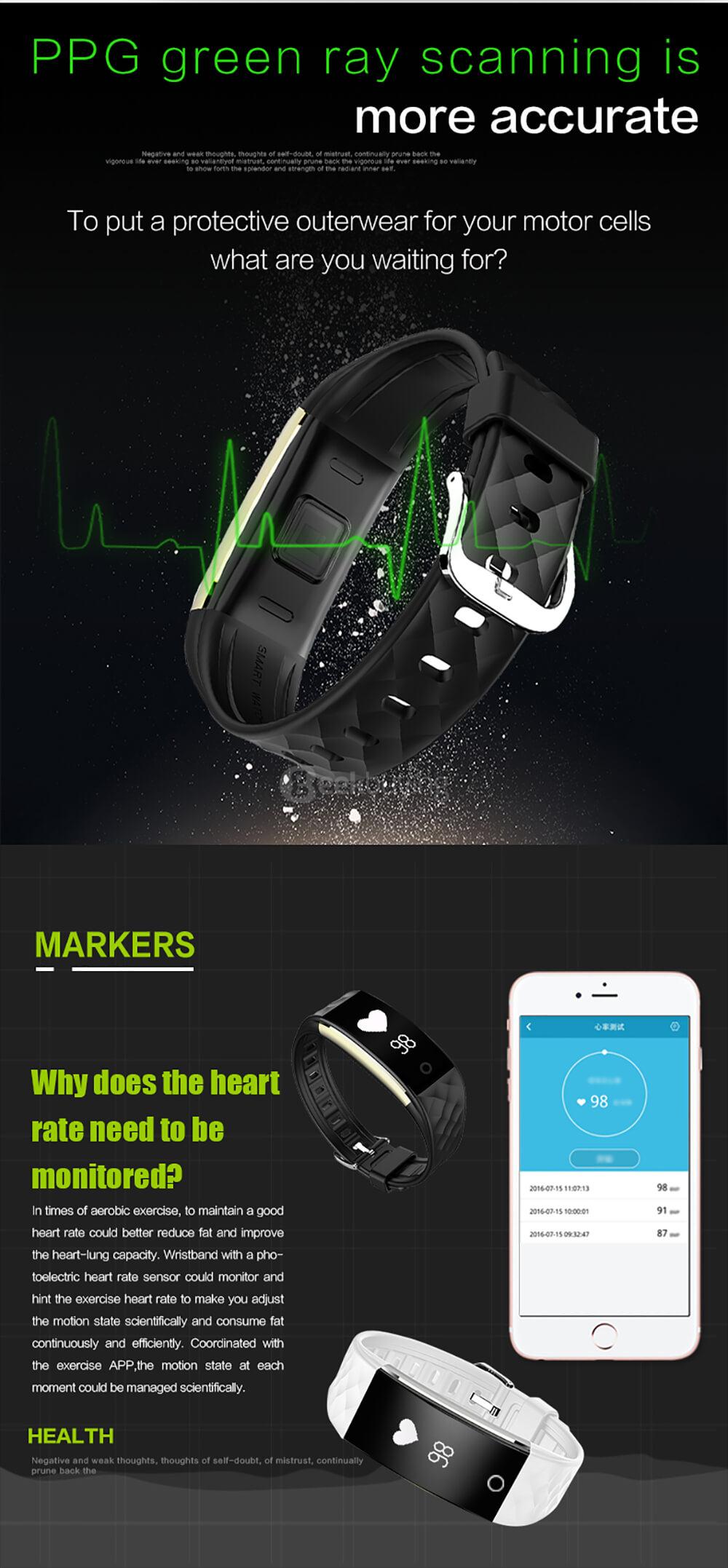 Makibes S2 Bluetooth 4.0 Smart Bracelet Heart Rate Monitor Multi-sport Tracker GPS Movement Information Push IP67 Waterproof For Android iOS - Black