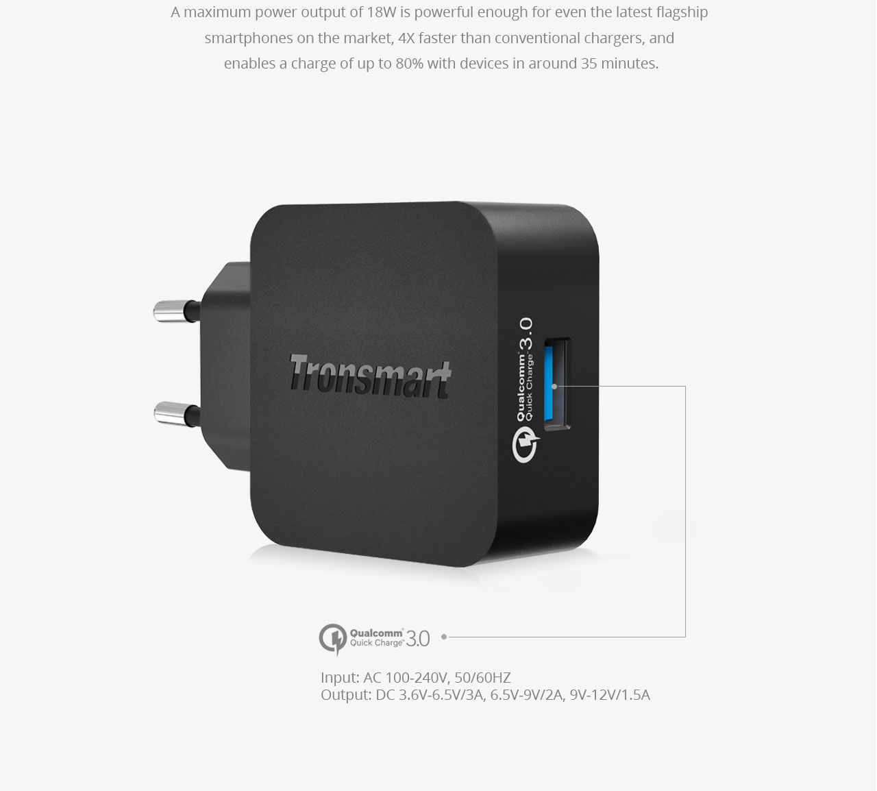 Tronsmart Quick Charge 3.0 USB Rapid Wall Charger Stand-up Fast Wall Charger with 1.8M Micro USB Cable - EU Plug