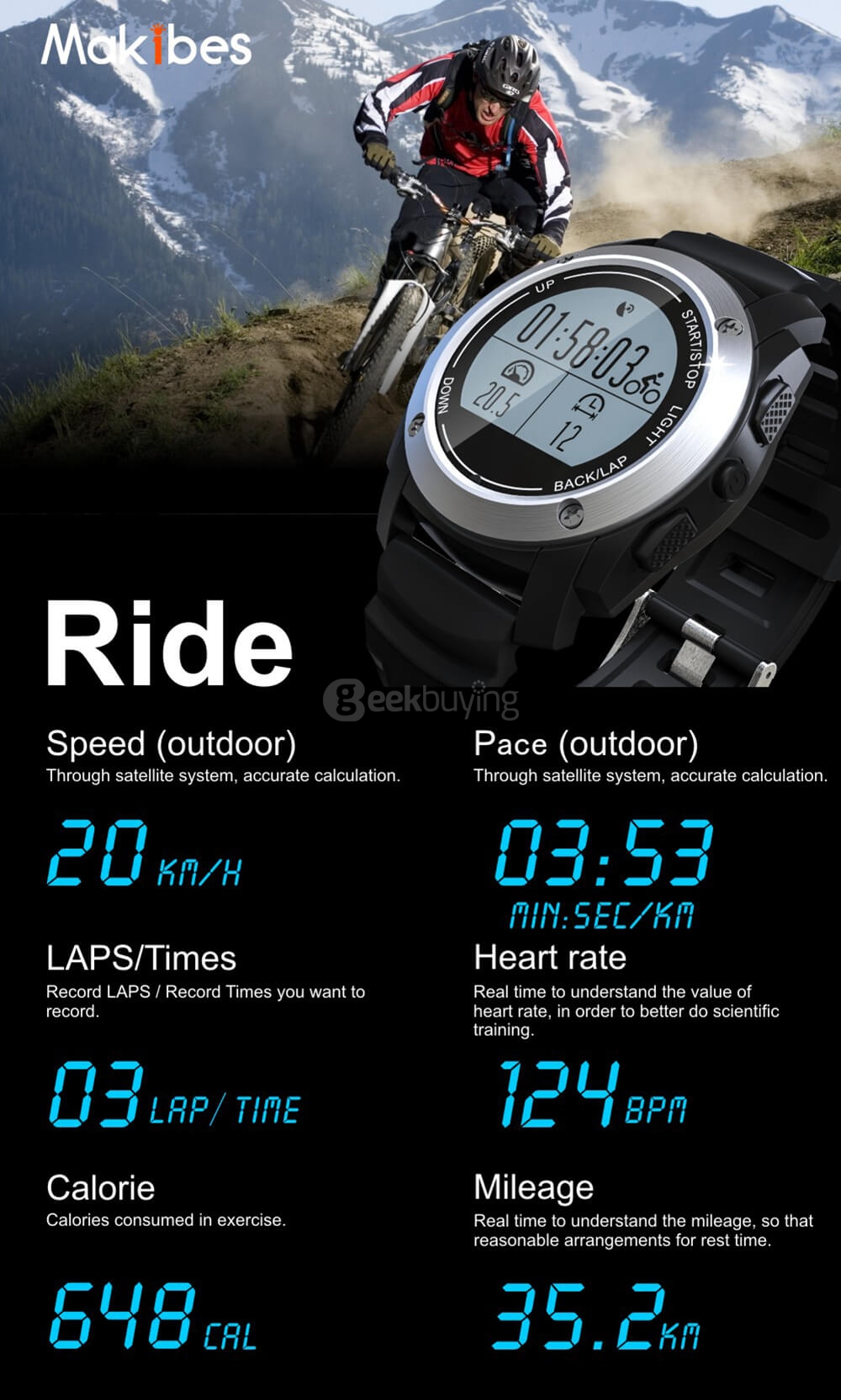 Makibes G01 Smart Sport Watch Heart Rate Monitor Pressure/Temperature/Height Measurement Outdoor GPS Training Mode Activity Tracker - Black