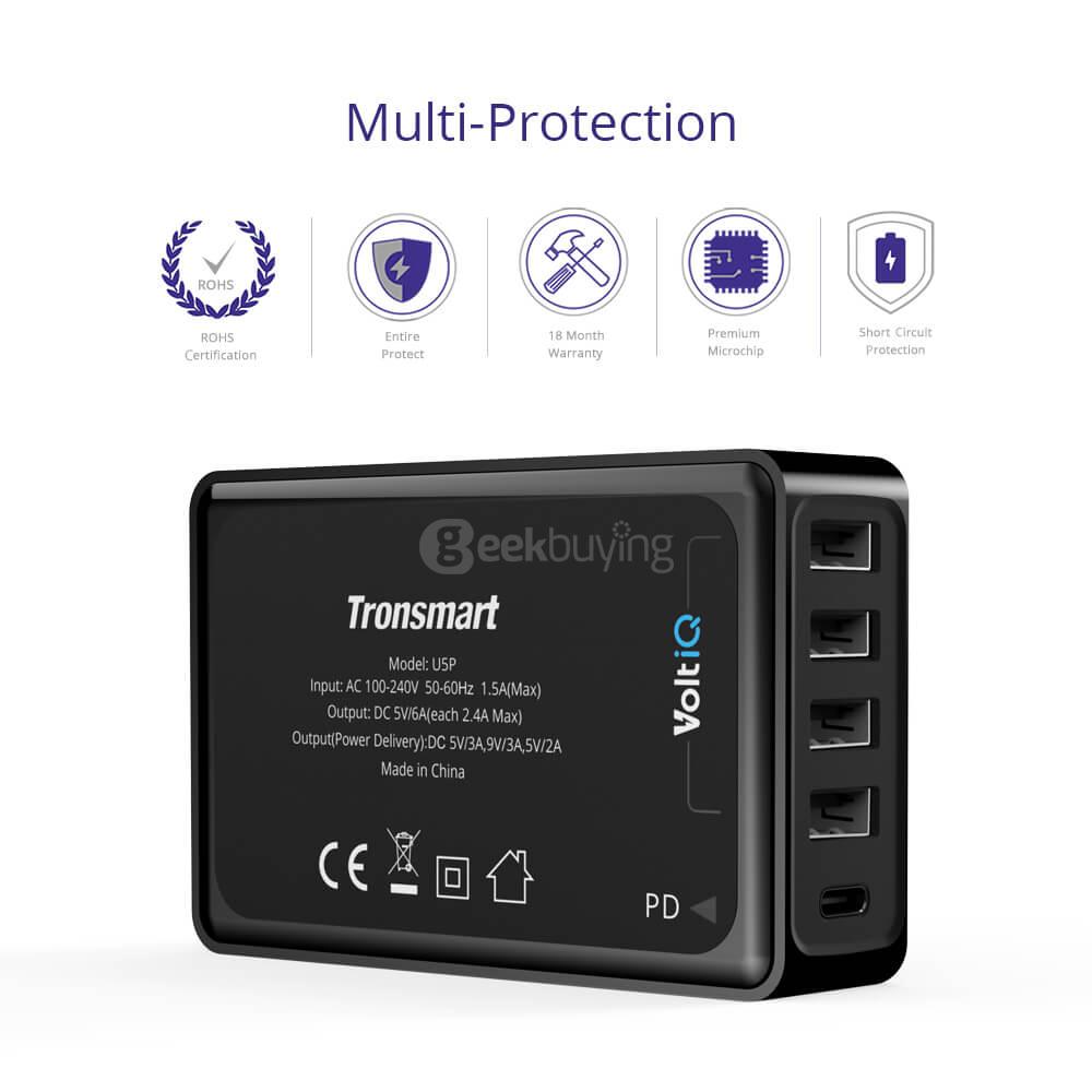 Tronsmart 60W USB-C 5-Port Desktop Charger with Power Delivery for Google Pixel/Pixel XL MacBook (2016 Model) iPad Pro and VoltiQ for iPhone Samsung & More - EU