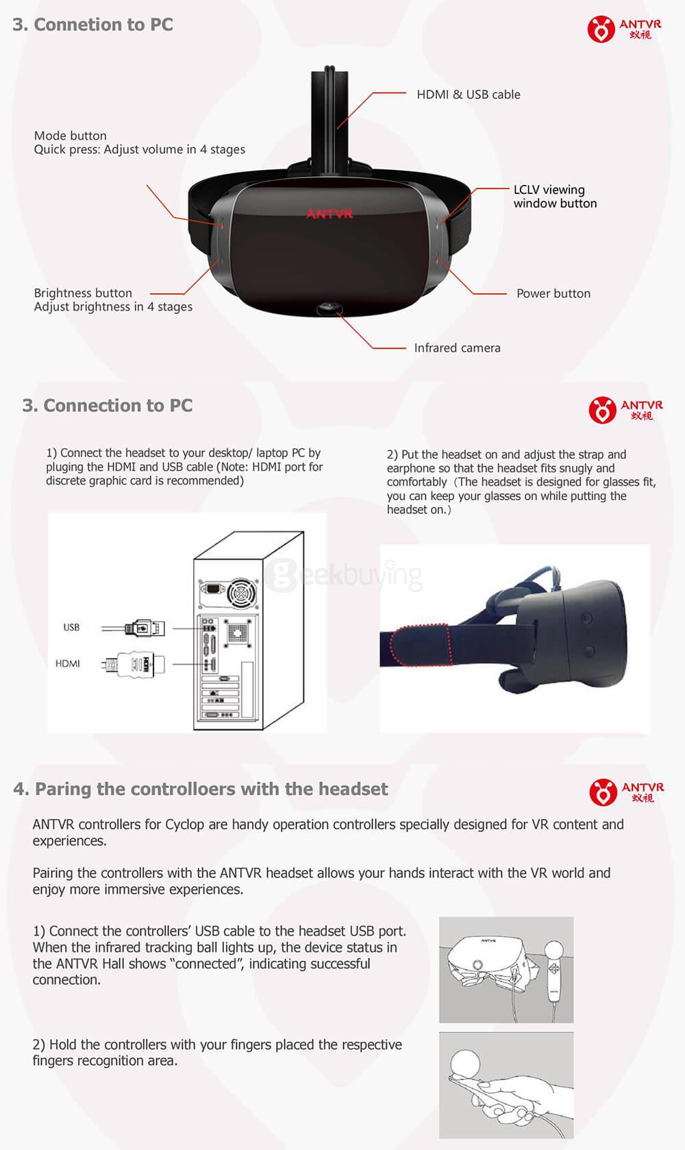 ANTVR 2.0 2K 3D VR Virtual Reality Headset for PC FOV100 90HZ Built-In Earphone