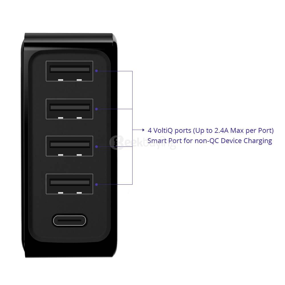 Tronsmart 60W USB-C 5-Port Desktop Charger with Power Delivery for Google Pixel/Pixel XL MacBook (2016 Model) iPad Pro and VoltiQ for iPhone Samsung & More - EU
