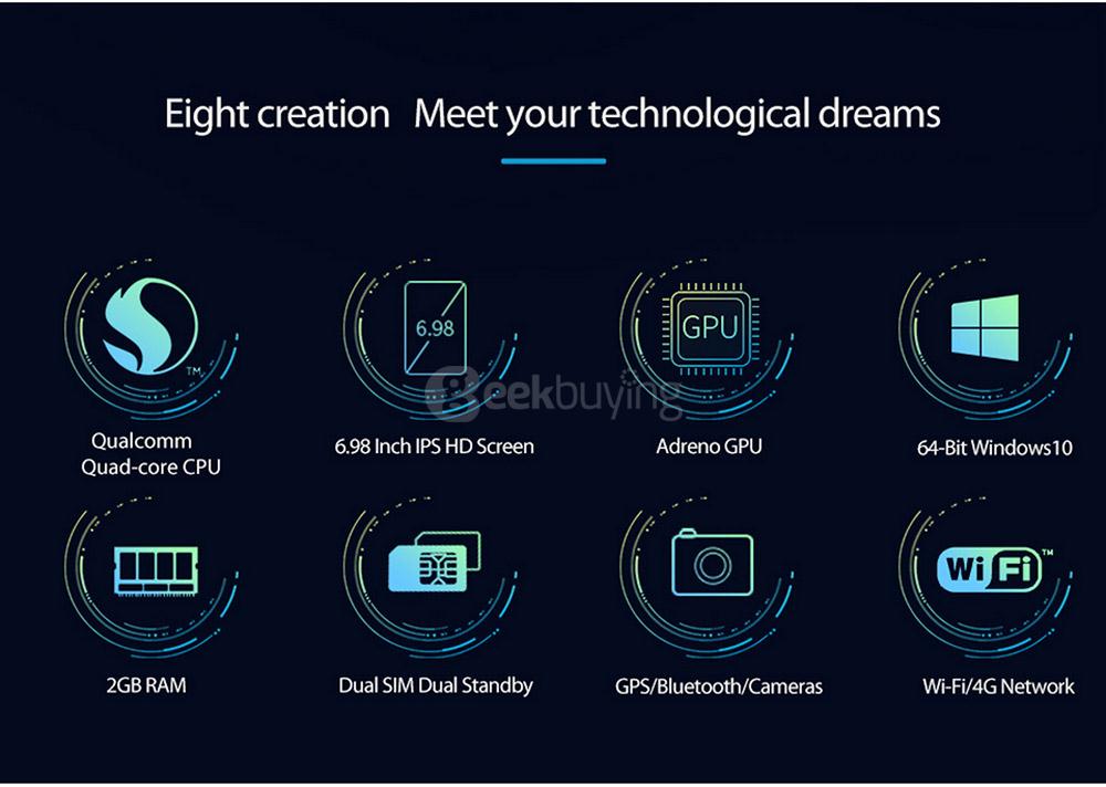 Cube WP10 4G Phablet 6.98 inch Windows 10 Mobile 2GB/16GB Qualcomm MSM8909 Quad Core 1.3GHz IPS 1280*720 GPS Dual Standby - White