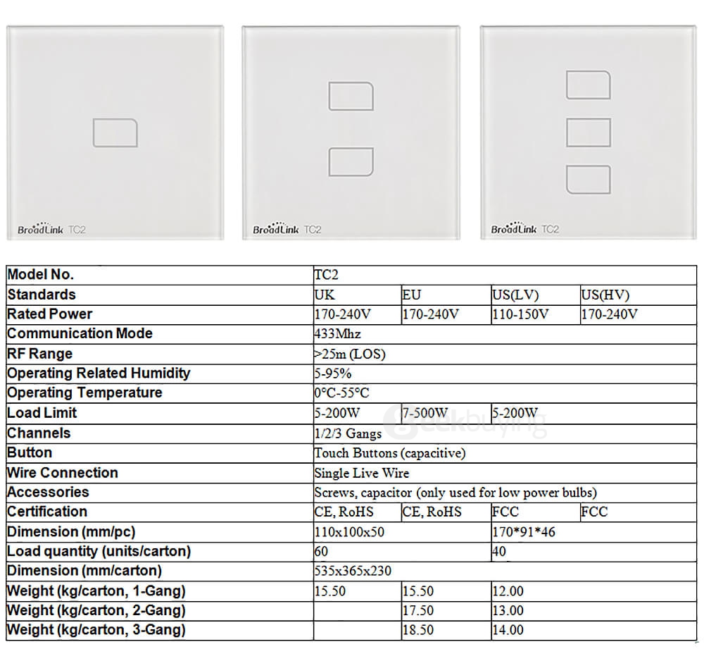 Broadlink TC2 Wifi 1 Gang Touch Switch Panel Remote Control Light Controller - EU Standard
