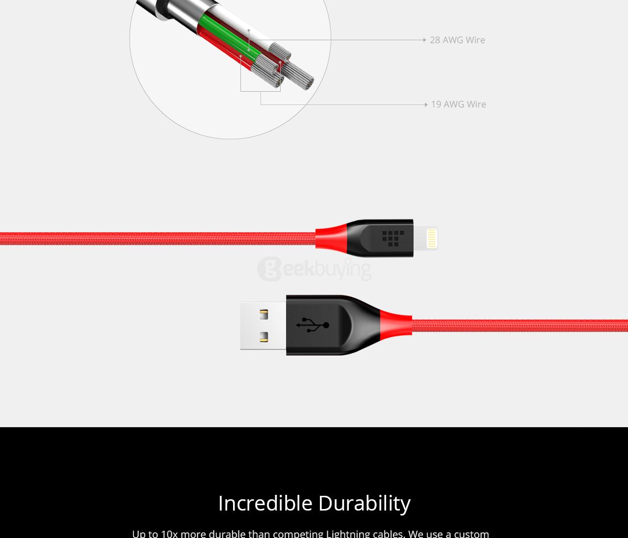 [Apple MFi Certified] Tronsmart 10ft/3m 19AWG Double Braided Nylon Lightning Cable for iPhone iPad and More - Red+Black