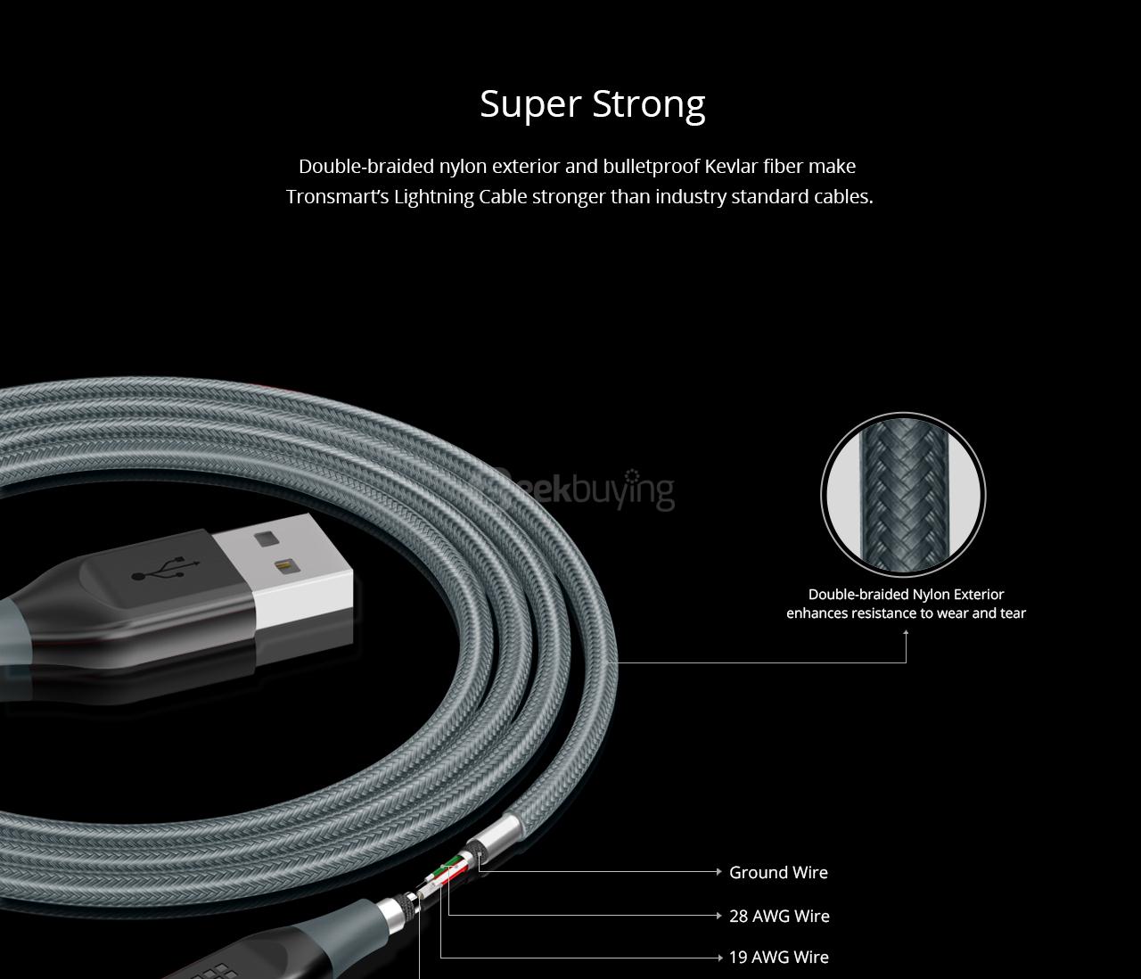 [Apple MFi Certified] Tronsmart 6ft/1.8m 19AWG Double Braided Nylon Lightning Cable for iPhone iPad and More - Gray+Black