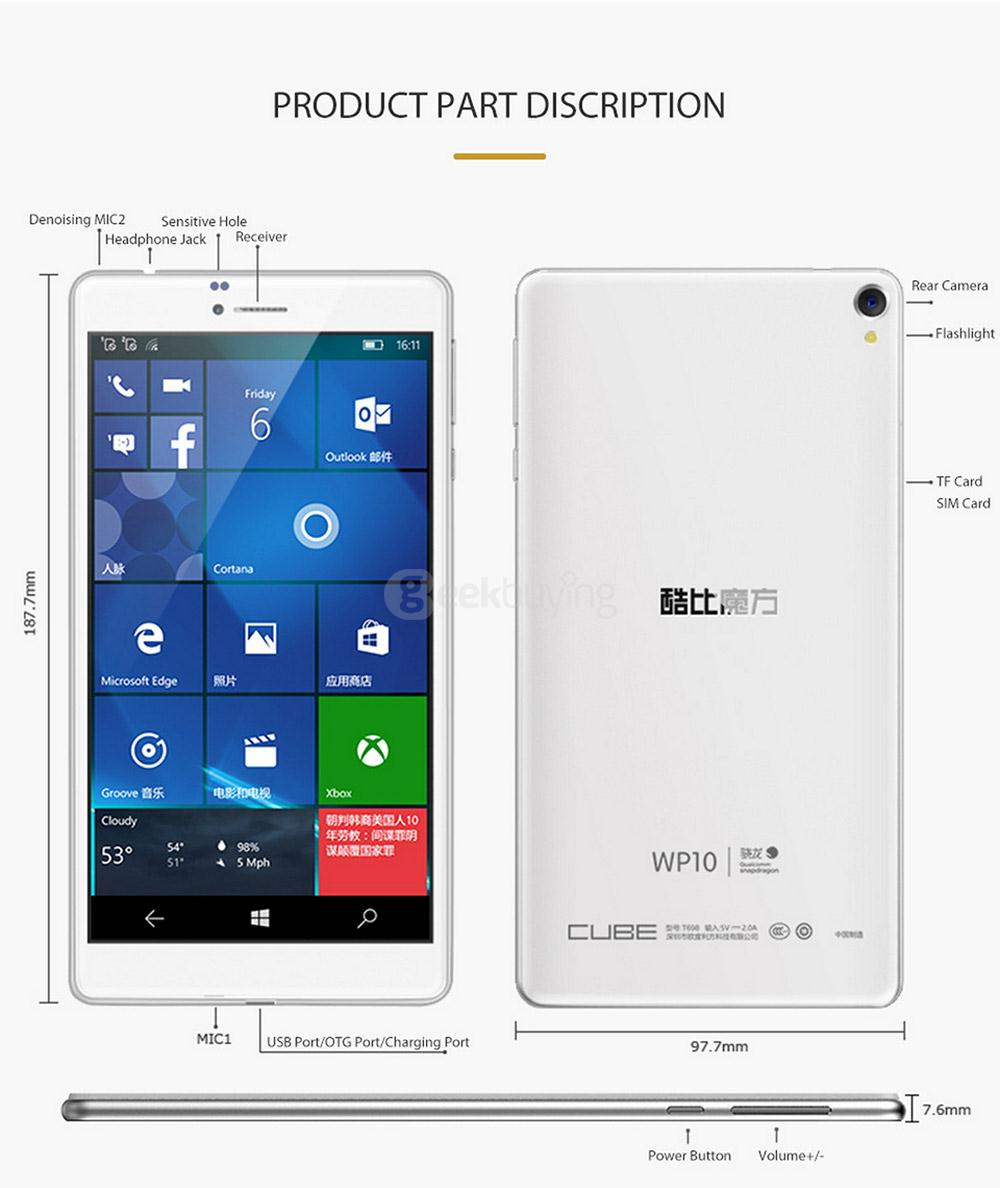 Cube WP10 4G Phablet 6.98 inch Windows 10 Mobile 2GB/16GB Qualcomm MSM8909 Quad Core 1.3GHz IPS 1280*720 GPS Dual Standby - White