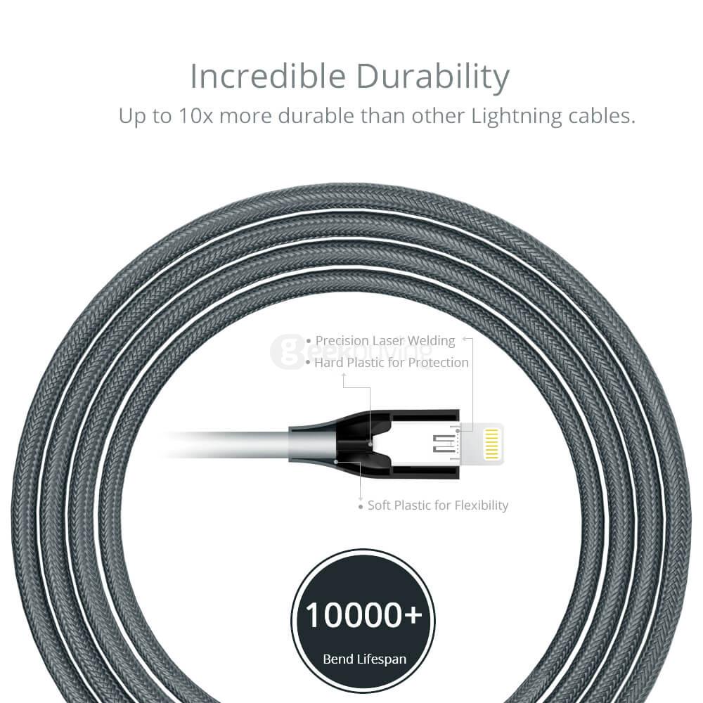 [Apple MFi Certified] Tronsmart 4ft/1.2m 19AWG Double Braided Nylon Lightning Cable for iPhone iPad and More - Gray+Black