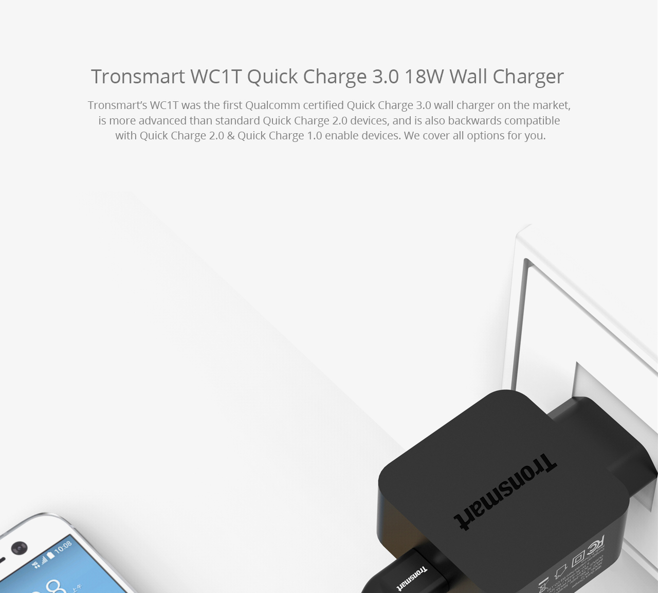 Tronsmart Quick Charge 3.0 USB Rapid Wall Charger Stand-up Fast Wall Charger with 1.8M Micro USB Cable - EU Plug