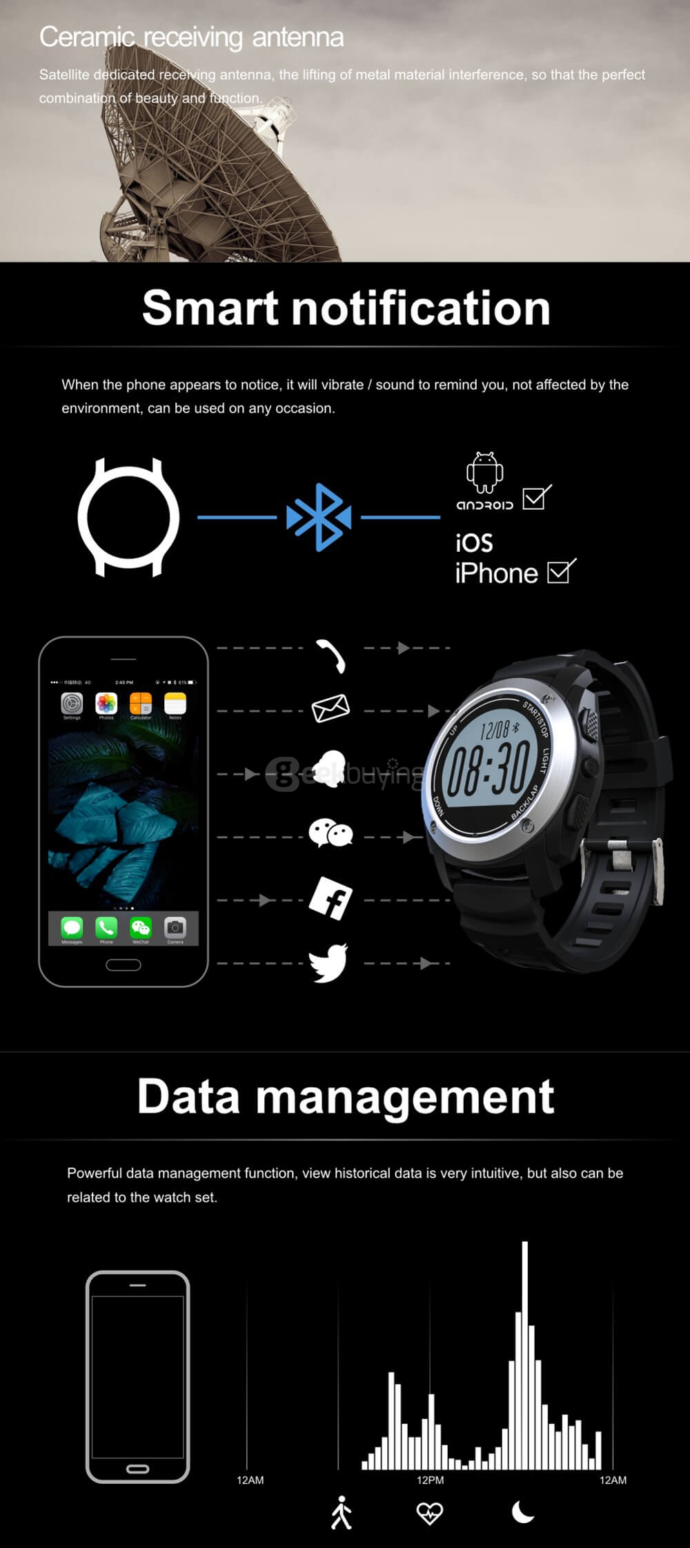 Makibes G01 Smart Sport Watch Heart Rate Monitor Pressure/Temperature/Height Measurement Outdoor GPS Training Mode Activity Tracker - Black