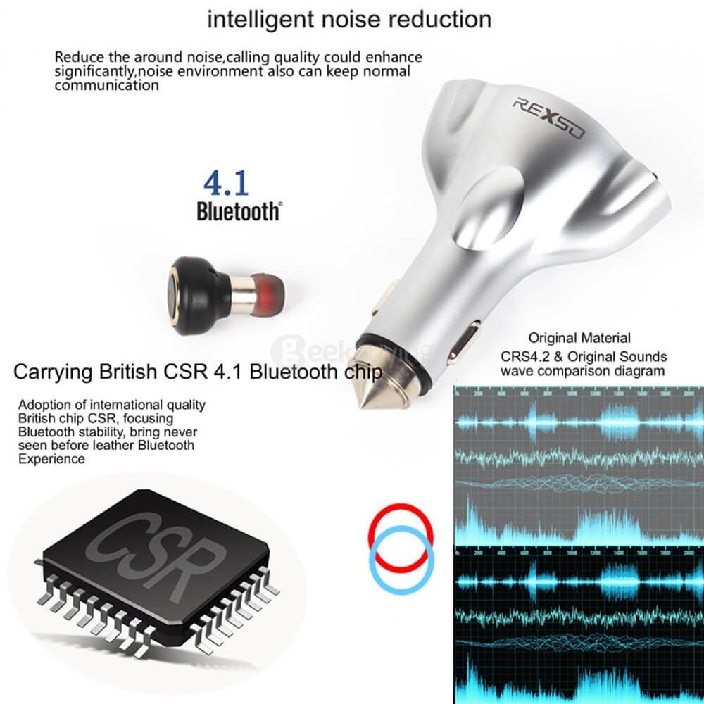 REXSO R20 Intelligent Car Charger Dual USB Ports With Bluetooth 4.1 Earphone Saft Hammer - Silver White