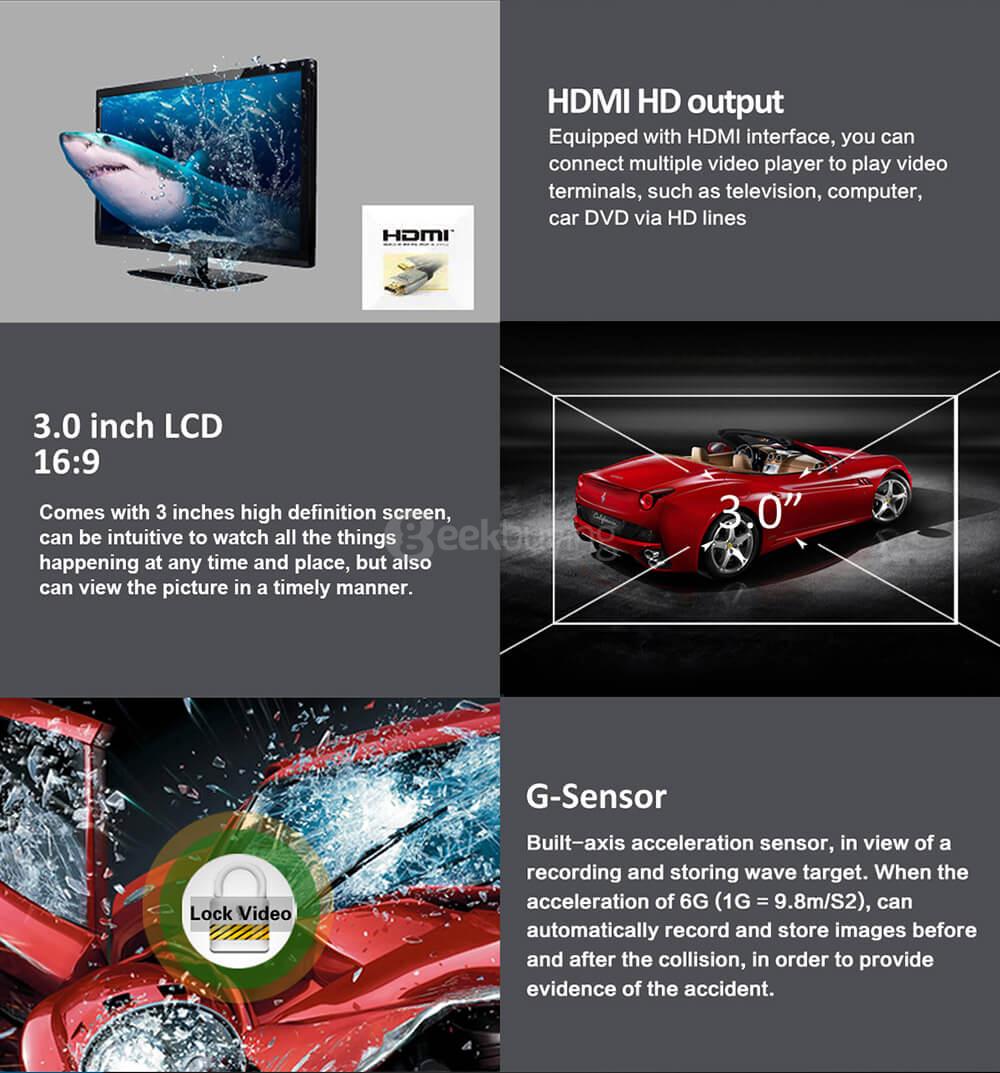 D205 3.0inch LCD Screen Ambarella A12 Car Camera 170 Degree Wide Angle 2560*1440P/30fps Car DVR - Black