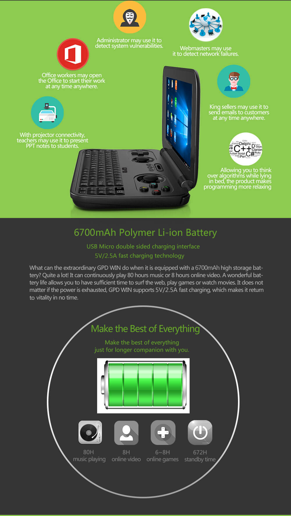 GPD Win Aluminum Shell Version 5.5 inch Gamepad Tablet PC Intel Atom X7 Z8750 Windows 10 OS 4GB/64GB Game Console Quad Core 2.56GHz Gorilla Glass Touch Screen 1280*720 Type-C - Black