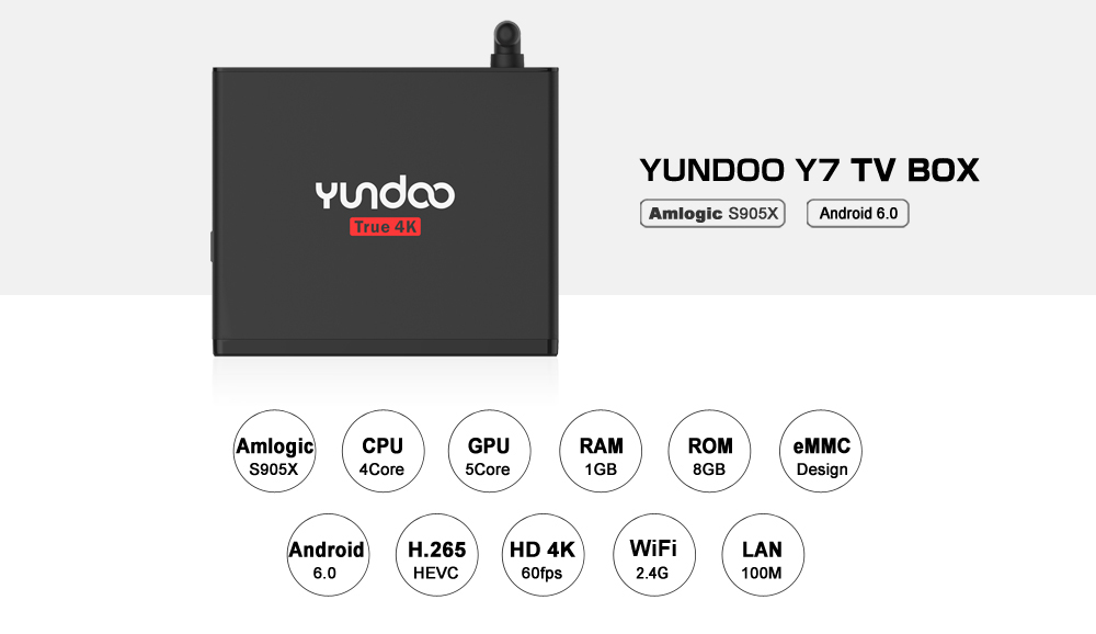 YUNDOO Y7 Amlogic S905X 1GB DDR4 8GB eMMC TV BOX Android 6.0 4K KODI 802.11 b/g/n LAN DOLBY DTS