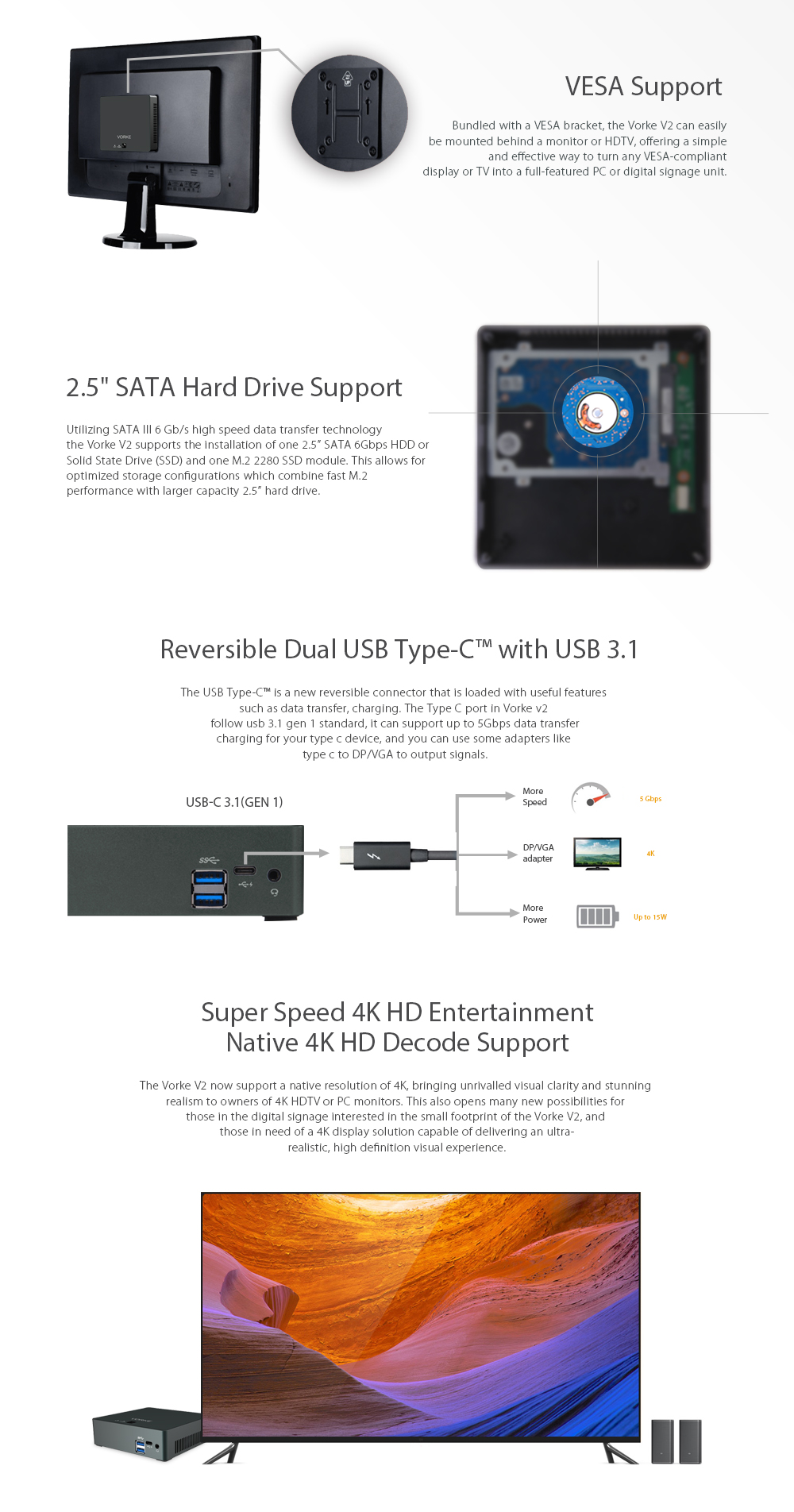 VORKE V2 Ultra Compact PC Intel Skylake I7-6500U Ubuntu16.04 8G DDR3L 256G Samsung SSD 802.11AC WIFI Gigabit LAN HDMI USB 3.1 Type C
