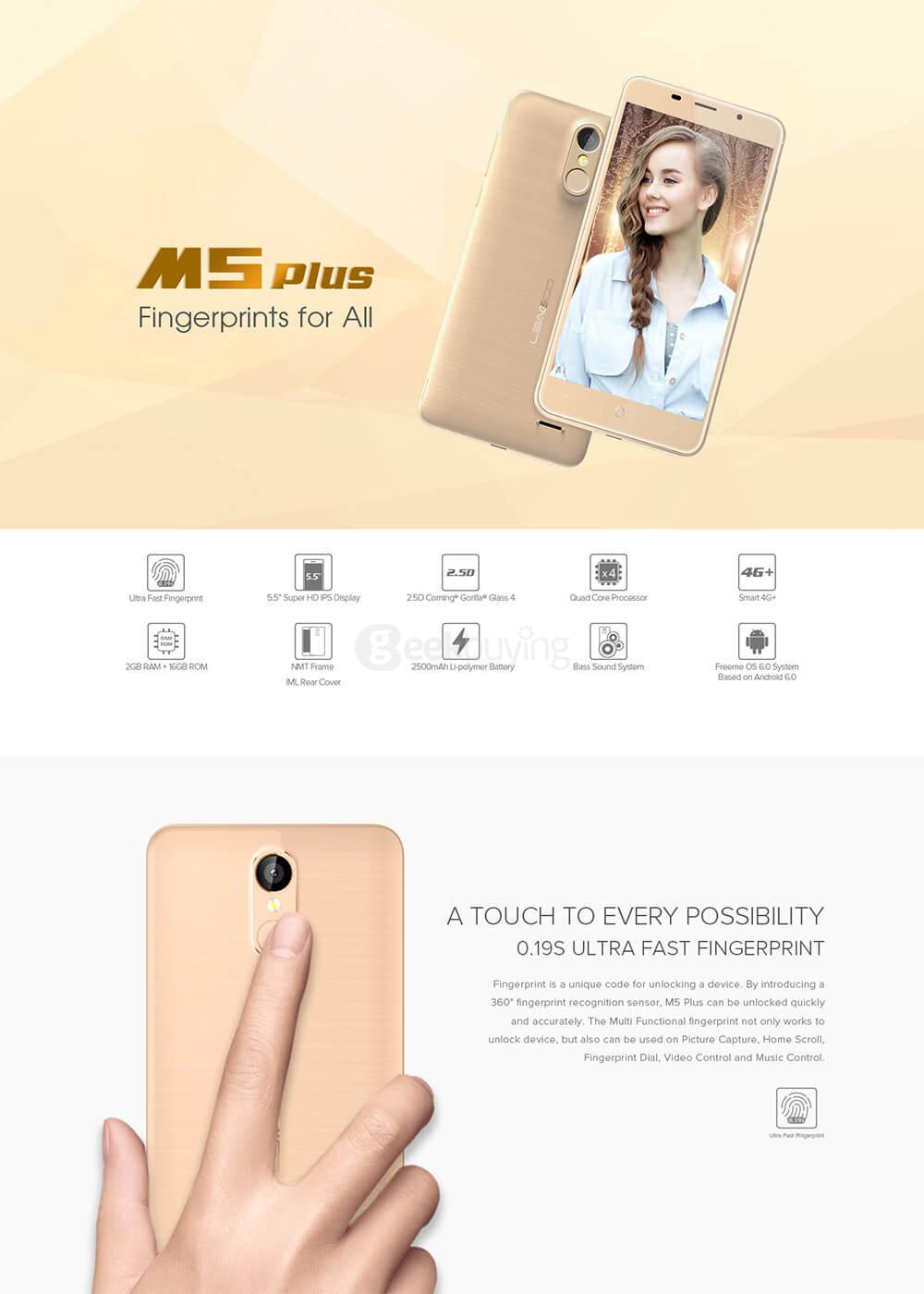[HK Stock]LEAGOO M5 PLUS 5.5inch HD Android 6.0 4G LTE Smartphone MT6737 Quad Core 1.3GHz 2GB RAM 16GB ROM 5.0MP 13.0MP TOUCH ID - White