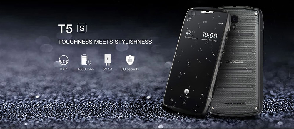 [HK Stock]Doogee T5S 5.0inch HD Android 6.0 IP67 Waterproof Rugged Smartphone MT6735 Quad Core 1.0GHz 2GB RAM 16GB ROM 5.0MP 8.0MP OTG - Black