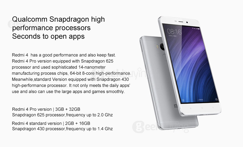 [Spain Stock]XIAOMI Redmi 4 Pro 5.0inch FHD 2.5D Screen MIUI 8 4G LTE Smartphone Qualcomm Snapdragon 625 Octa Core 3GB 32GB 5.0MP 13.0MP Touch ID Metal Body 4000mAh Battery - Gold