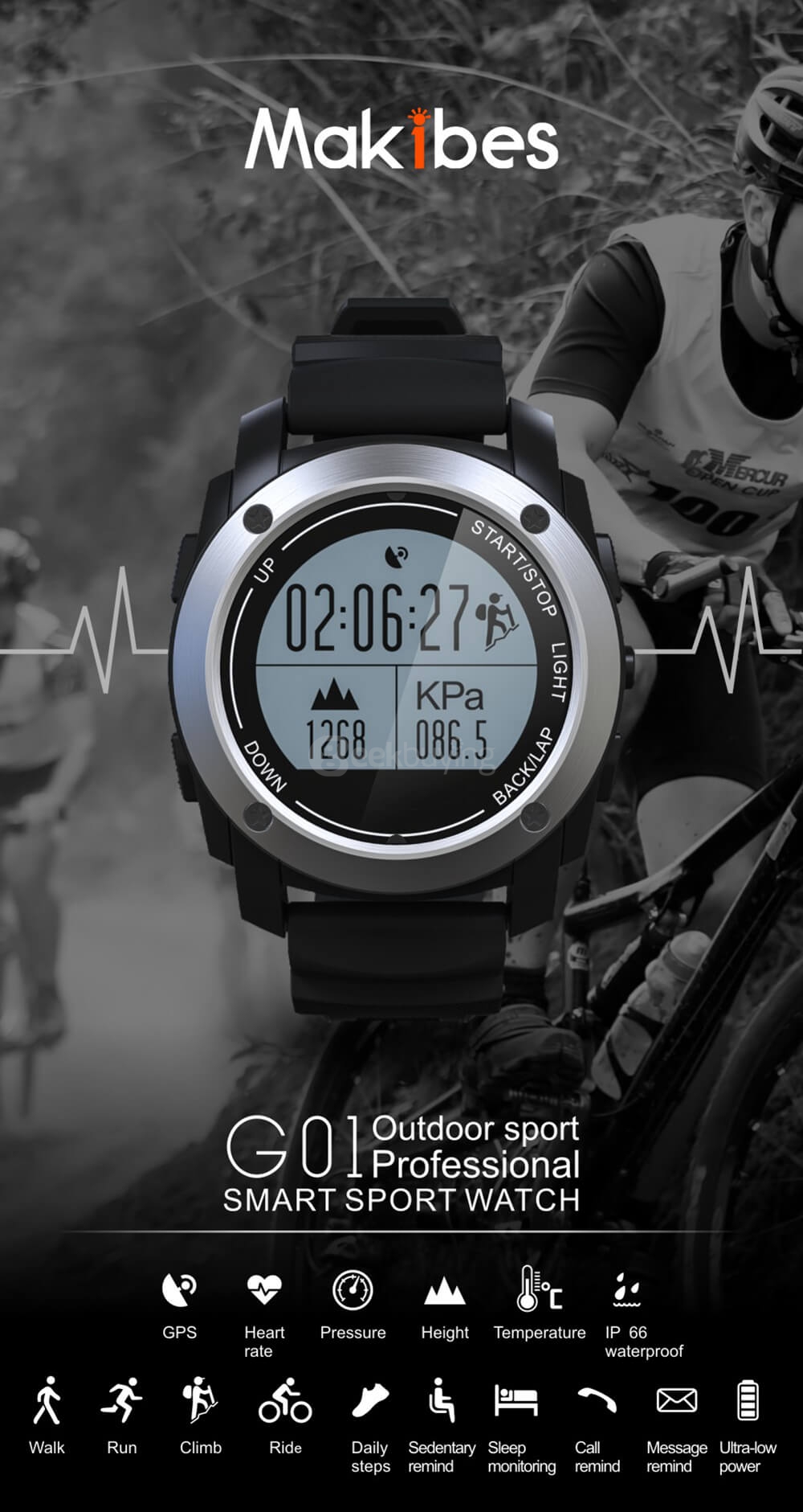 Makibes G01 Smart Sport Watch Heart Rate Monitor Pressure/Temperature/Height Measurement Outdoor GPS Training Mode Activity Tracker - Black