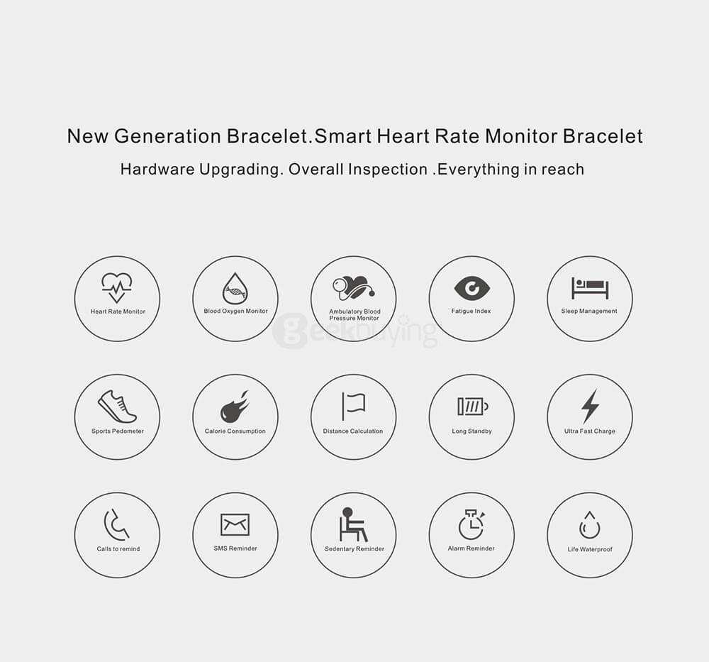 A09 BLE4.0 Smart Bracelet Heart Rate/Blood Pressure/Blood Oxygen/Fatigue Detection Fitness Tracker IP67 Waterproof for Android iOS - Black