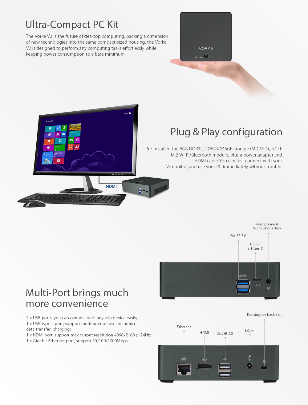 [Spain Stock] VORKE V2 Ultra Compact PC Intel Skylake I5-6200U Ubuntu16.04 8G DDR3L 128G Samsung SSD 802.11AC WIFI Gigabit LAN HDMI USB 3.1 Type C
