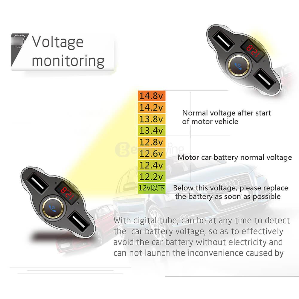 REXSO R20 Intelligent Car Charger Dual USB Ports With Bluetooth 4.1 Earphone Saft Hammer - Silver White