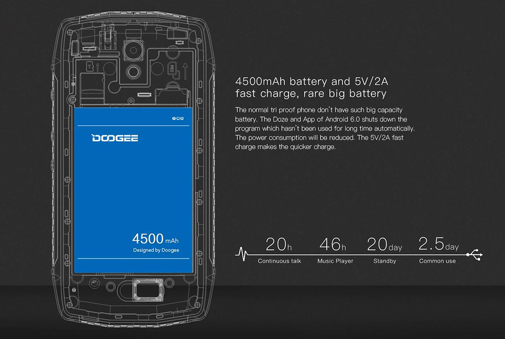 [HK Stock]Doogee T5S 5.0inch HD Android 6.0 IP67 Waterproof Rugged Smartphone MT6735 Quad Core 1.0GHz 2GB RAM 16GB ROM 5.0MP 8.0MP OTG - Black