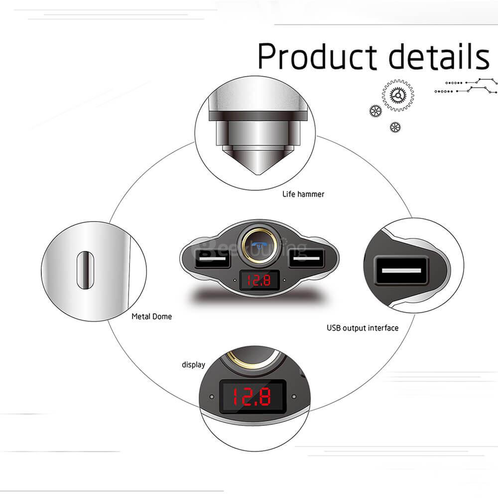 REXSO R20 Intelligent Car Charger Dual USB Ports With Bluetooth 4.1 Earphone Saft Hammer - Silver White