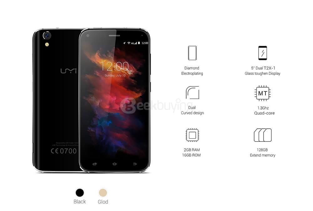 [HK Stock]UMI Diamond X 5.0inch HD 2.5D Screen Android 6.0 4G LTE Smartphone MT6737 Quad Core 2GB RAM 16GB ROM 8.0MP OTG LED Notification - Black
