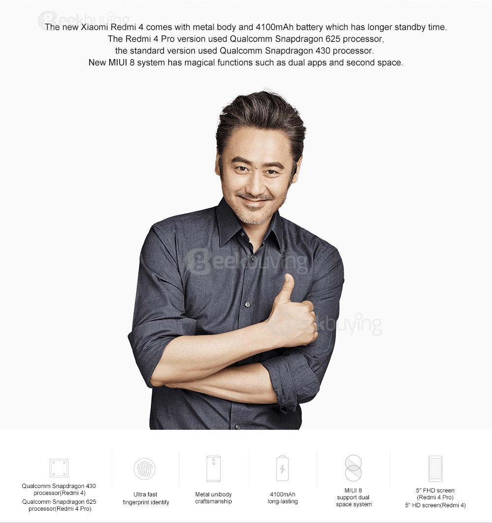 [HK Stock]XIAOMI Redmi 4 Pro 5.0inch FHD 2.5D Screen MIUI 8 4G LTE Smartphone Qualcomm Snapdragon 625 Octa Core 3GB 32GB 5.0MP 13.0MP Touch ID Metal Body 4000mAh Battery - Gold