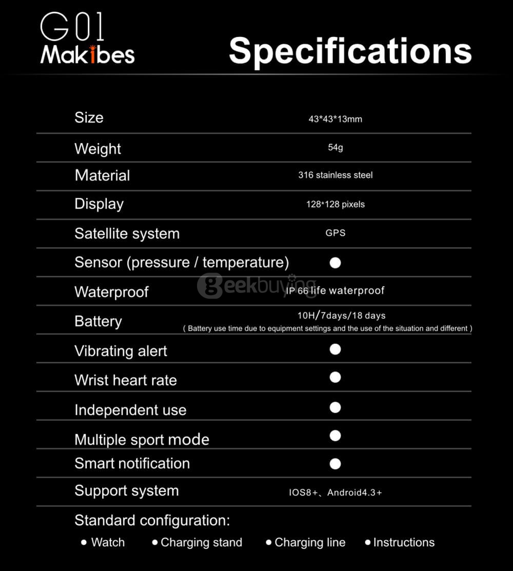 Makibes G01 Smart Sport Watch Heart Rate Monitor Pressure/Temperature/Height Measurement Outdoor GPS Training Mode Activity Tracker - Black/Orange