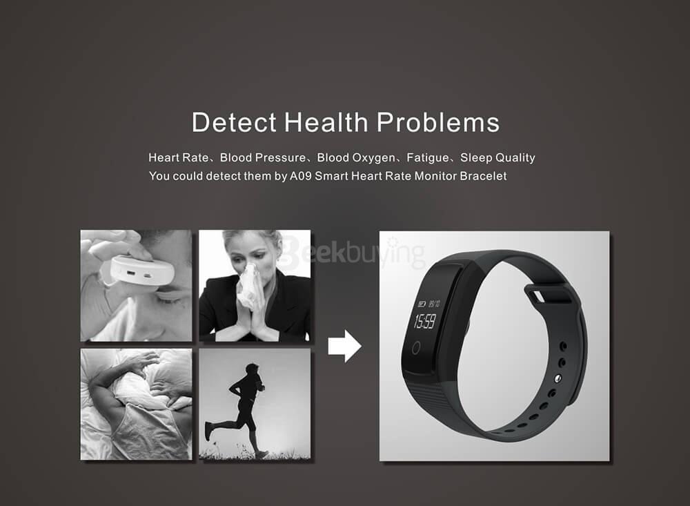 A09 BLE4.0 Smart Bracelet Heart Rate/Blood Pressure/Blood Oxygen/Fatigue Detection Fitness Tracker IP67 Waterproof for Android iOS - Black