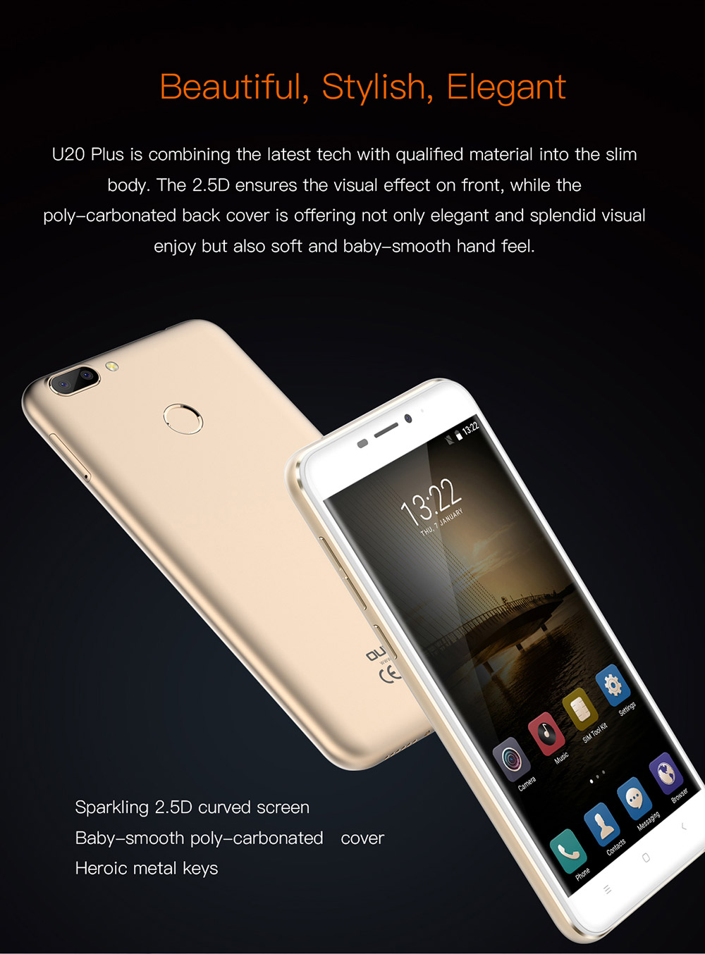 [HK Stock]Oukitel U20 Plus 5.5inch FHD Android 6.0 4G LTE Smartphone MT6737T Quad Core 1.5GHz 2GB RAM 16GB ROM Dual Rear Cameras 13.0MP+0.3MP TOUCH ID - Gold