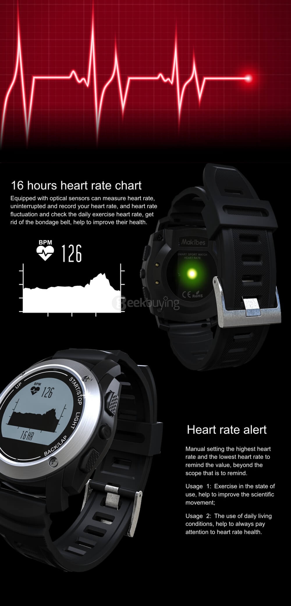 Makibes G01 Smart Sport Watch Heart Rate Monitor Pressure/Temperature/Height Measurement Outdoor GPS Training Mode Activity Tracker - Black