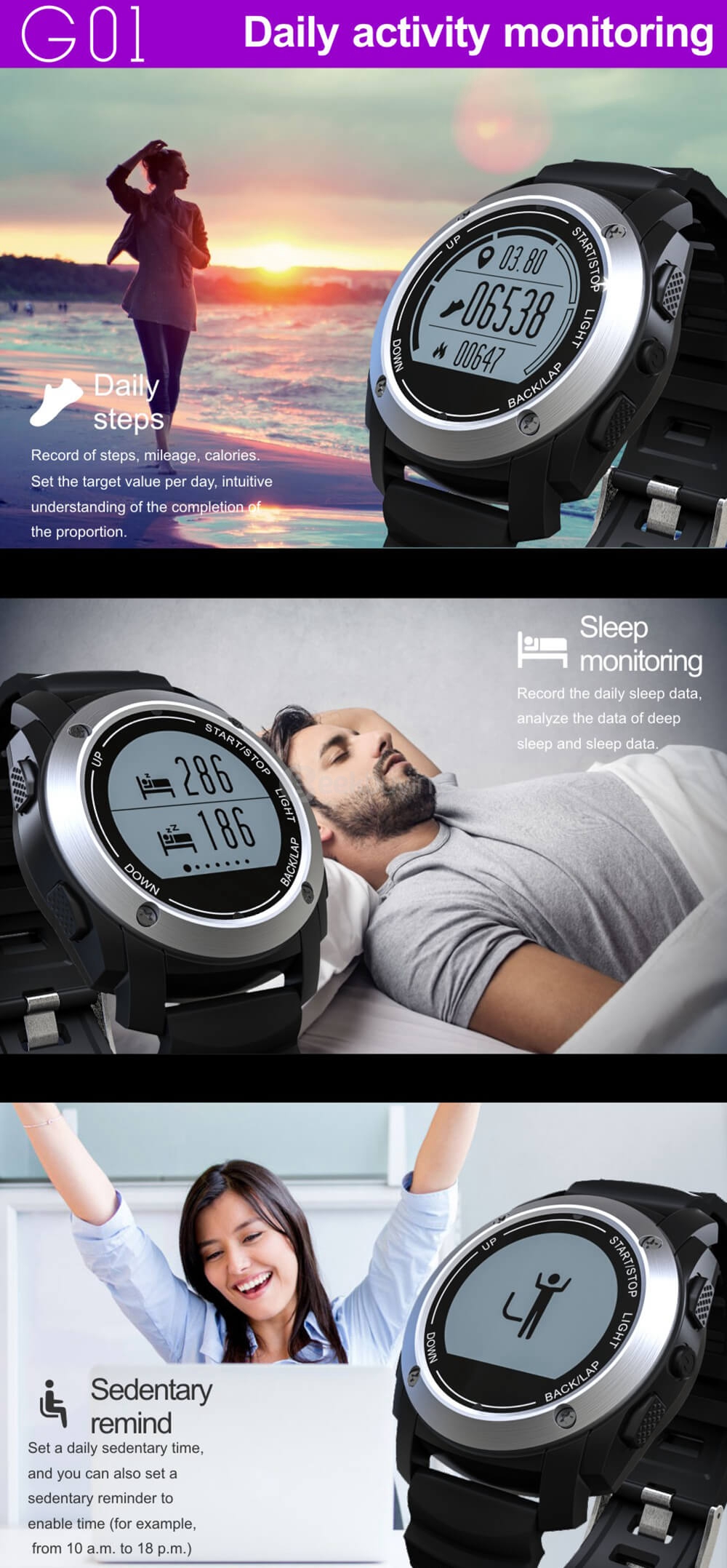 Makibes G01 Smart Sport Watch Heart Rate Monitor Pressure/Temperature/Height Measurement Outdoor GPS Training Mode Activity Tracker - Black/Orange