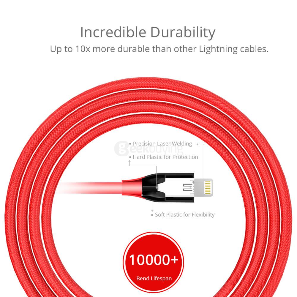 [Apple MFi Certified] Tronsmart 4ft/1.2m 19AWG Double Braided Nylon Lightning Cable for iPhone iPad and More - Red+Black