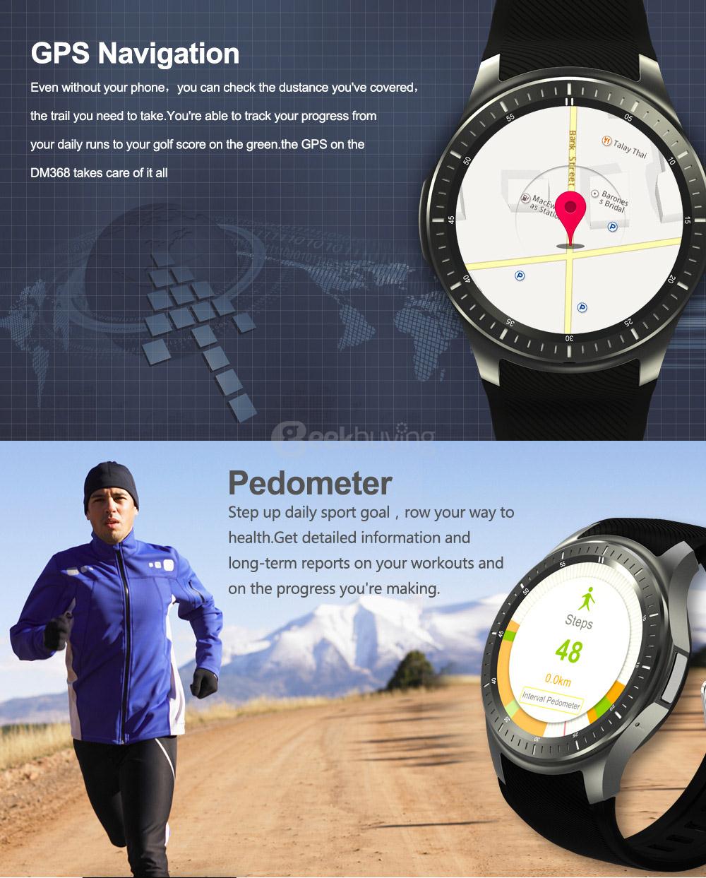 Makibes DM368 Bluetooth 4.0 3G Smart Watch Phone Android 5.1 MTK6580 Quad Core 1.3GHz 512MB/8GB WiFi GPS Heart Rate Monitor - Black