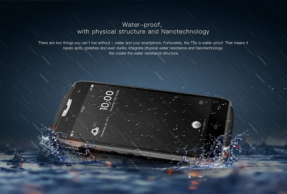 [HK Stock]Doogee T5S 5.0inch HD Android 6.0 IP67 Waterproof Rugged Smartphone MT6735 Quad Core 1.0GHz 2GB RAM 16GB ROM 5.0MP 8.0MP OTG - Black