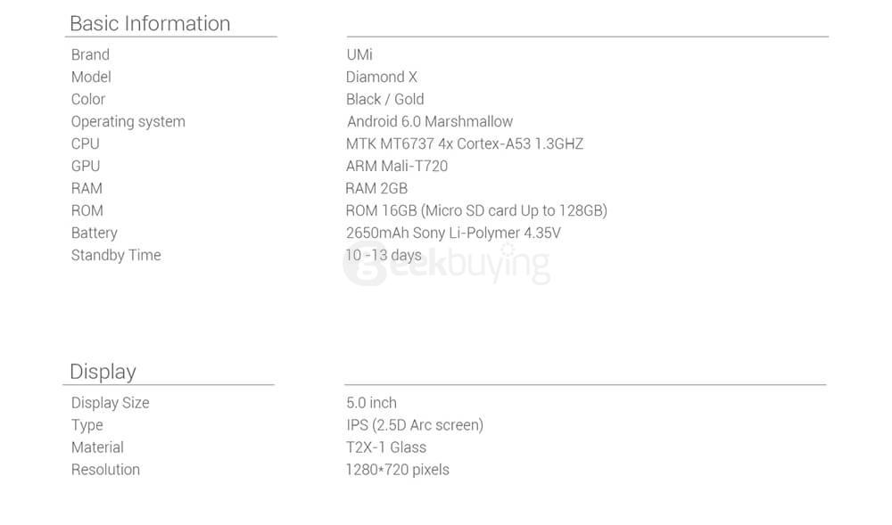 [HK Stock]UMI Diamond X 5.0inch HD 2.5D Screen Android 6.0 4G LTE Smartphone MT6737 Quad Core 2GB RAM 16GB ROM 8.0MP OTG LED Notification - Black
