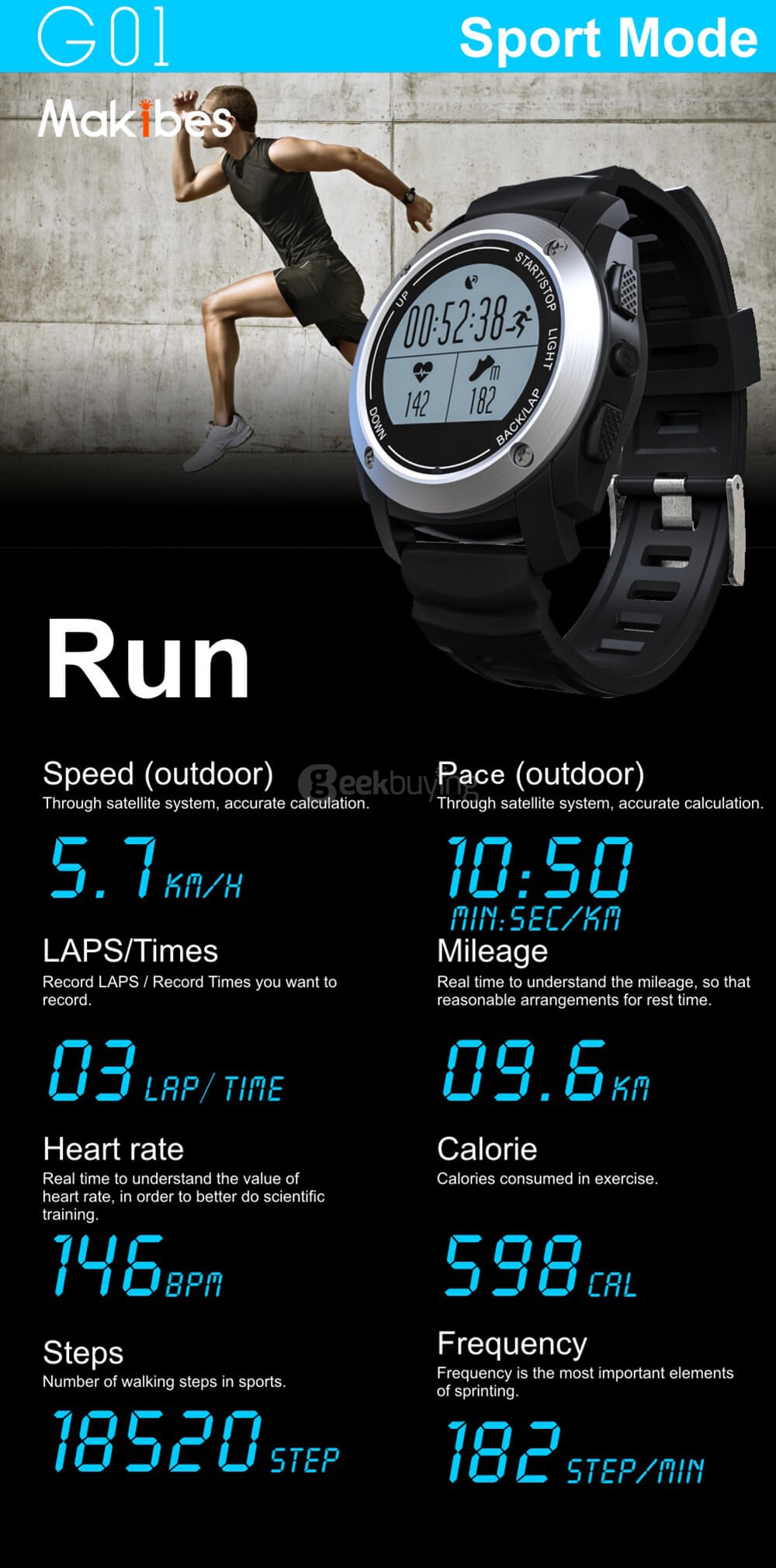 Makibes G01 Smart Sport Watch Heart Rate Monitor Pressure/Temperature/Height Measurement Outdoor GPS Training Mode Activity Tracker - Black/Silver